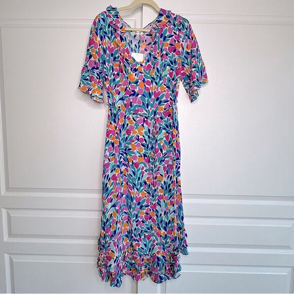 Tyler Boe 100% Silk Floral Midi Dress V-Neck Short Ruffled Sleeves A-Line Small - Picture 2 of 16